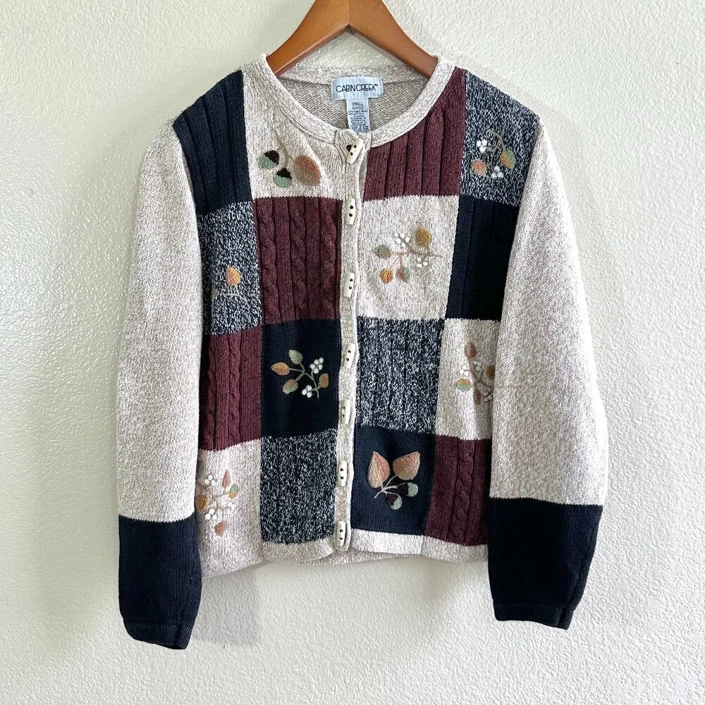 Cabin Creek Vtg 90 Cozy Knit Brown Embr. Cardigan Sweater